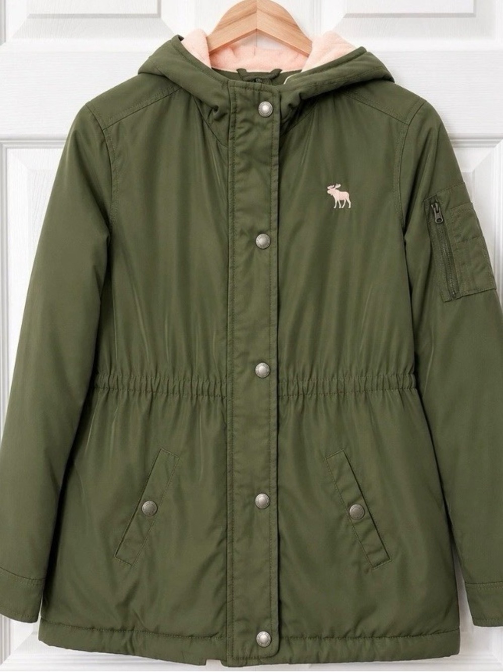 Abercrombie Kids Green Hooded Parka Jacket Pink Fleece Lined Utility Coat 11/12